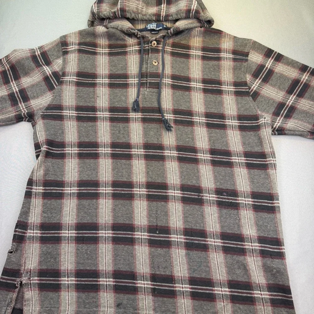 POLO by RALPH LAUREN VTG Check Plaid Gray Hoodie Sweatshirt Size XL‎ Thrashed
